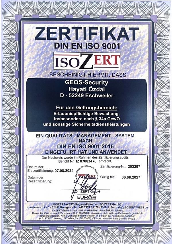 Zertifikat 9001 Geos Security